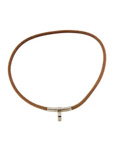 Pre-owned Hermes Leather Station Choker Necklace, 14.5" In Brown