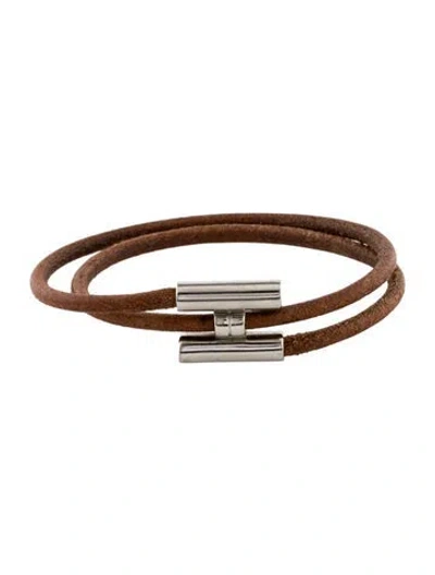 Pre-owned Hermes Leather Tournis Tresse Bracelet, 7" In Brown