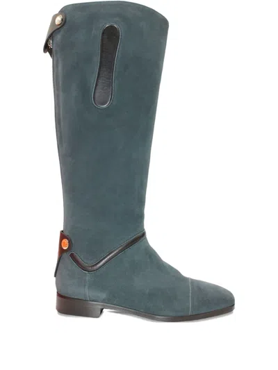 Pre-owned Hermes Leather-trimmed Suede Boots In Blue