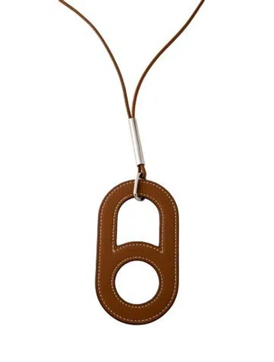 Pre-owned Hermes Leather Variation Pendant Necklace, 32" In Brown