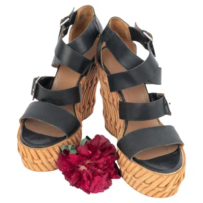Pre-owned Hermes Leather Wedge Heels In Black