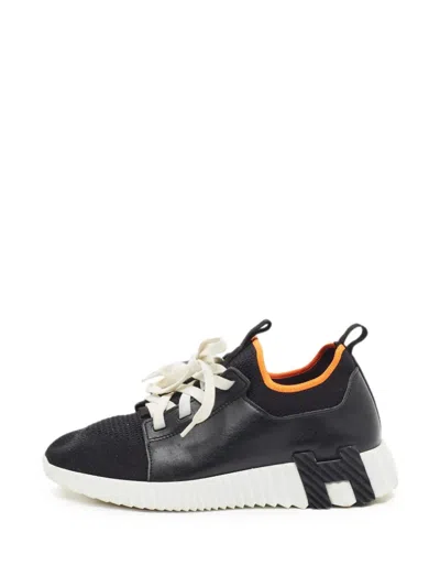 Pre-owned Hermes Leather-panel Sneakers In Black
