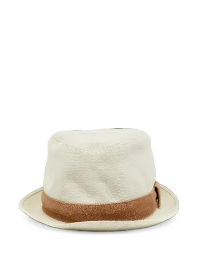 Pre-owned Hermes Leather-trim Fedora Hat In Neutrals