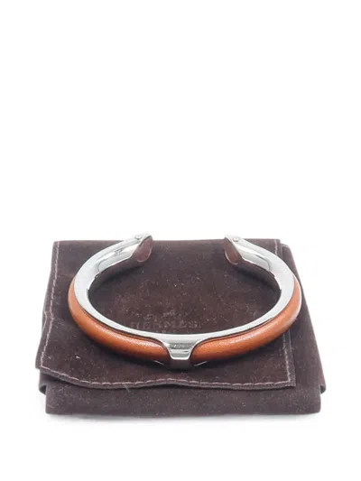 Pre-owned Hermes Leather-trimmed Bangle Bracelet In Silver