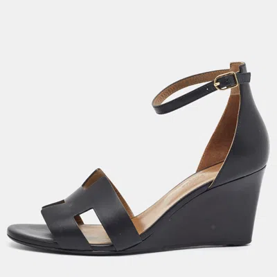 Pre-owned Hermes Legend Size 39.5 Black Leather Wedge Sandals