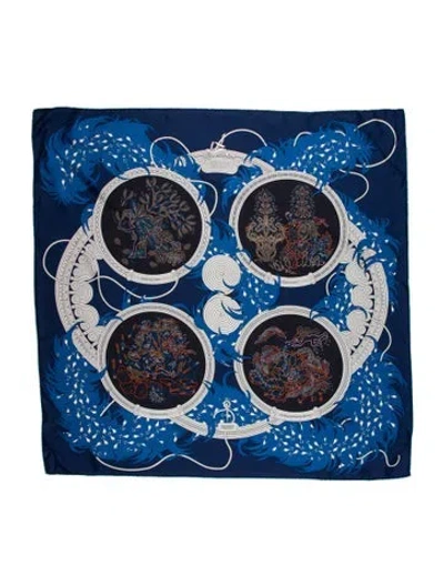 Pre-owned Hermes Legende Brodee Silk Scarf In Blue
