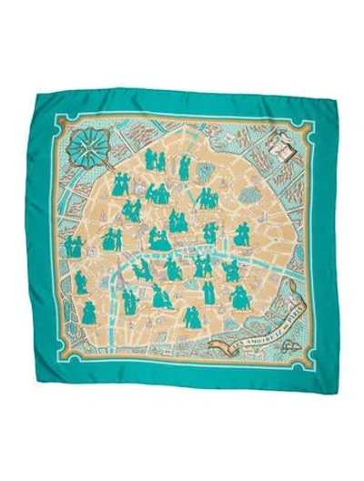 Pre-owned Hermes Les Amoureux De Paris Silk Scarf In Blue