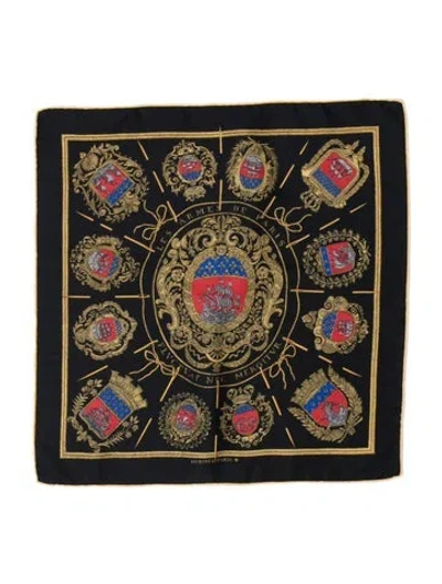 Pre-owned Hermes Les Armes De Paris Pocket Square Silk Scarf In Black