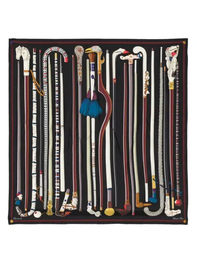 Pre-owned Hermes Les Cannes Silk Scarf In Black