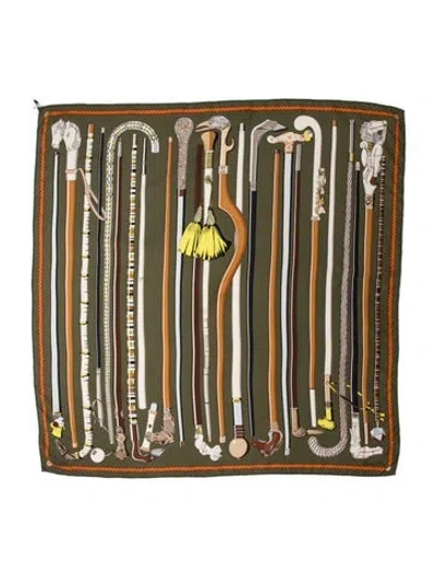 Pre-owned Hermes Les Cannes Silk Scarf In Green