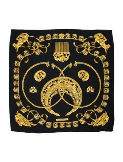 Pre-owned Hermes Les Cavaliers D'or Silk Scarf In Black