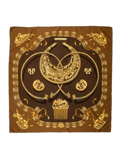 Pre-owned Hermes Les Cavaliers D'or Silk Scarf In Brown