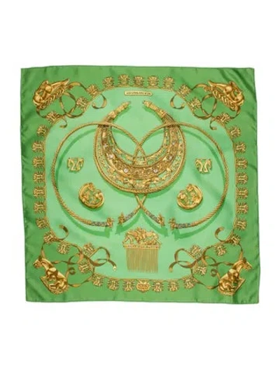 Pre-owned Hermes Les Cavaliers D'or Silk Scarf In Green
