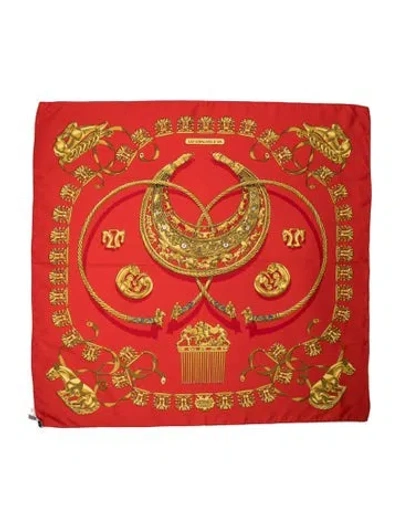 Pre-owned Hermes Les Cavaliers D'or Silk Scarf In Red