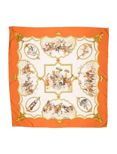 Pre-owned Hermes Les Chevaux Des Moghols Silk Scarf In Orange