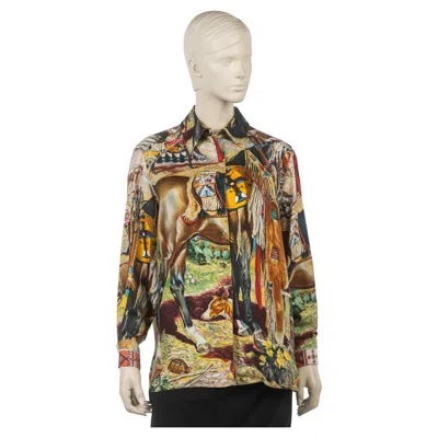 Pre-owned Hermes Hermès "les Cheyennes" Silk Shirt In Brown