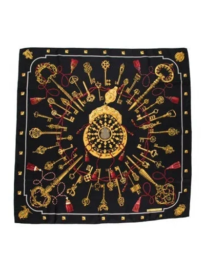 Pre-owned Hermes Les Cléfs Silk Scarf In Black