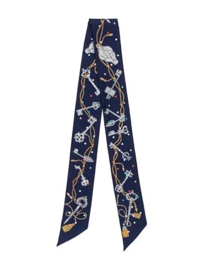 Pre-owned Hermes Les Cles A Pois Silk Twilly Scarf In Blue
