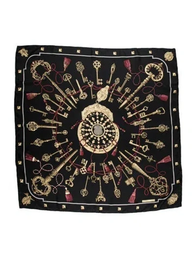 Pre-owned Hermes Les Clés Silk Scarf In Black