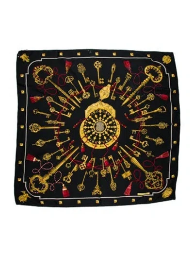 Pre-owned Hermes Les Clés Silk Scarf In Black
