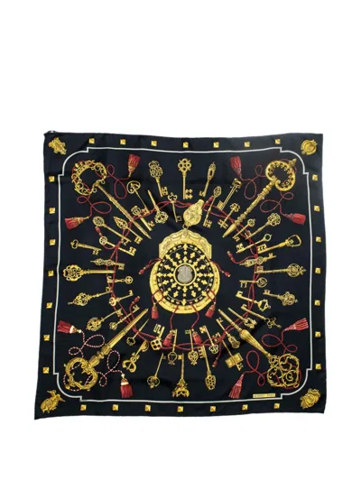 Pre-owned Hermes Les Clés Silk Scarf In Black