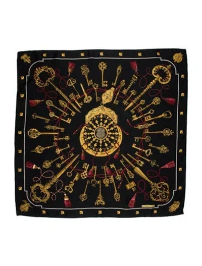 Pre-owned Hermes Les Clés Silk Scarf In Black