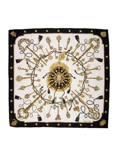 Pre-owned Hermes Les Clés Silk Scarf In Black/white