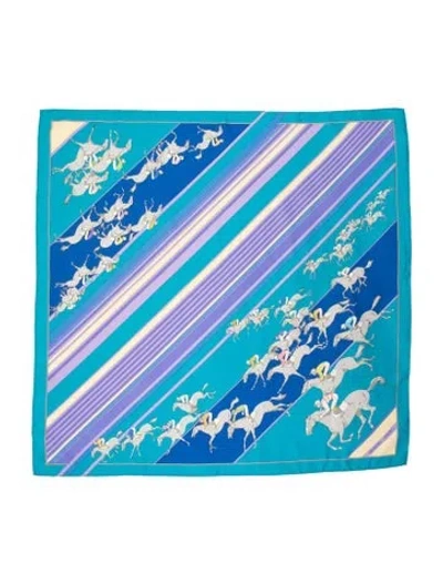 Pre-owned Hermes Les Courses Silk Scarf In Blue