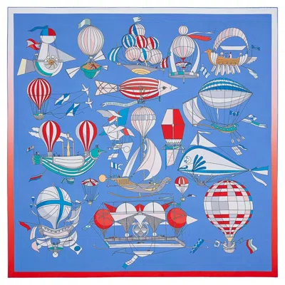 Pre-owned Hermes Les Folies Du Ciel Double Face Scarf Bleu Azur / Rouge / Rose Silk 90 Cm In Red