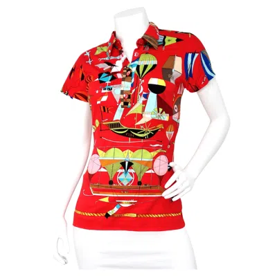 Pre-owned Hermes "les Folies Du Ciel" Hot Air Balloon Print Button-up Shirt Circa 1980s In Red