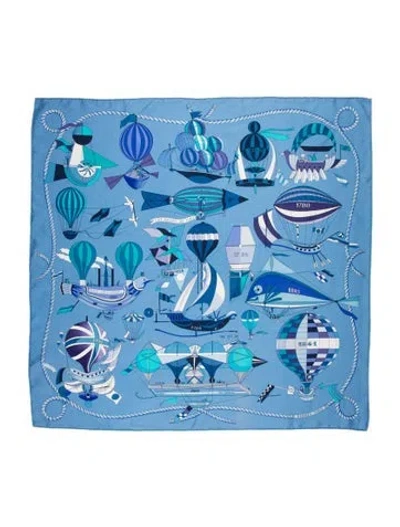 Pre-owned Hermes Les Folies Du Ciel Silk Scarf In Blue