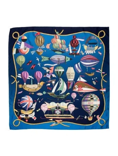 Pre-owned Hermes Les Folies Du Ciel Silk Scarf In Blue