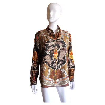 Pre-owned Hermes Hermès - "les Mythologies Des Hommes Rouges" Silk Shirt By Oliver Kermit In Brown