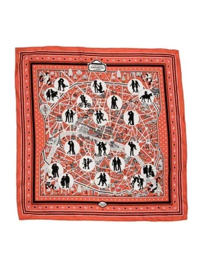 Pre-owned Hermes Les Nouveaux Amoureux De Paris Silk Scarf In Orange