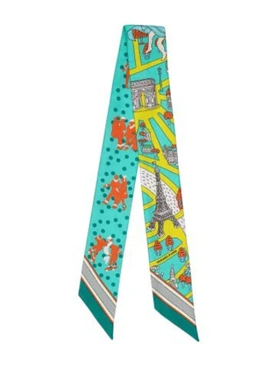 Pre-owned Hermes Les Nouveaux Amoureux De Paris Silk Twilly Scarf In Green