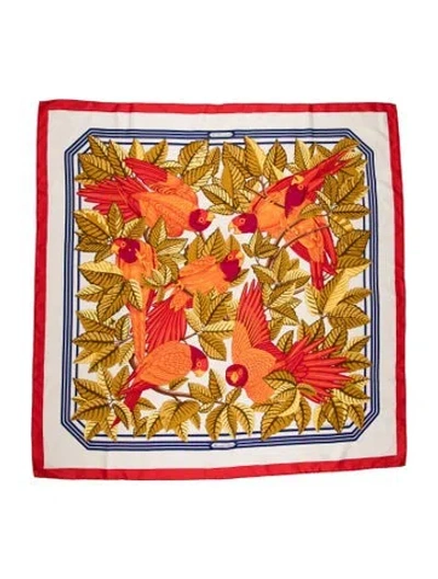 Pre-owned Hermes Les Perroquets Silk Scarf In Red