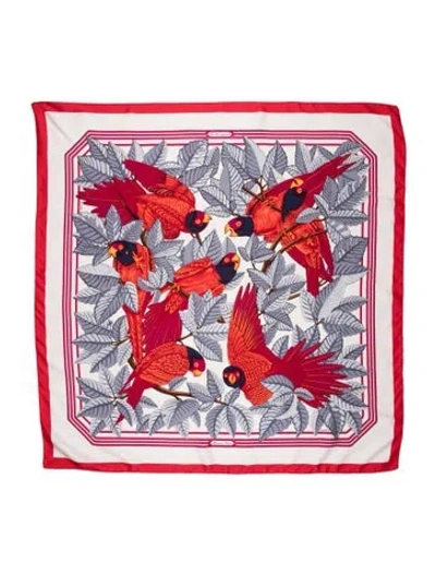 Pre-owned Hermes Les Perroquets Silk Scarf In White