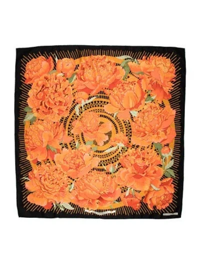 Pre-owned Hermes Les Pivoines Silk Scarf In Black/orange