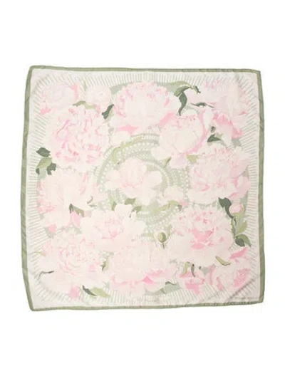 Pre-owned Hermes Les Pivoines Silk Scarf In Green