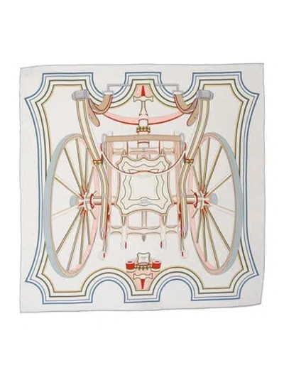 Pre-owned Hermes Les Roues De Phaeton Silk Scarf W/ Tags In White