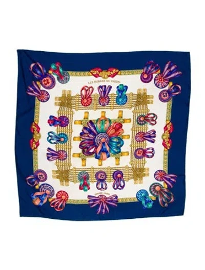 Pre-owned Hermes Les Rubans Du Cheval Silk Scarf In Blue