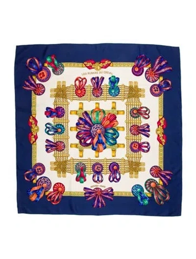 Pre-owned Hermes Les Rubans Du Cheval Silk Scarf In Blue