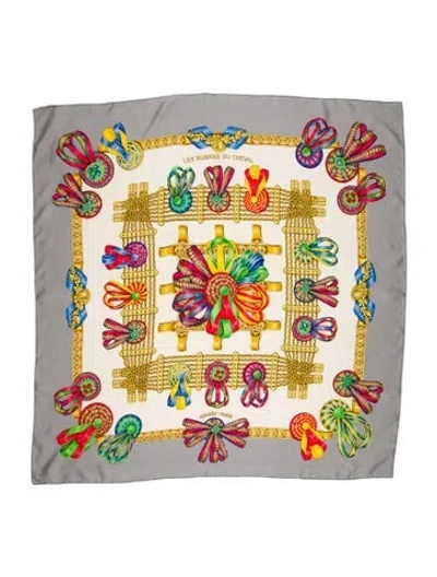 Pre-owned Hermes Les Rubans Du Cheval Silk Scarf In Gray