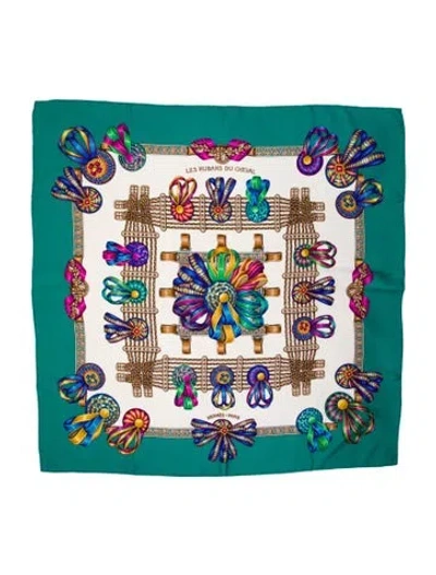 Pre-owned Hermes Les Rubans Du Cheval Silk Scarf In Green