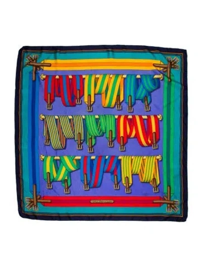Pre-owned Hermes Les Sangles Silk Scarf In Blue