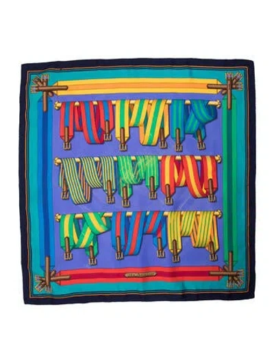 Pre-owned Hermes Les Sangles Silk Scarf In Blue