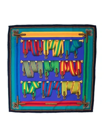 Pre-owned Hermes Les Sangles Silk Scarf In Blue