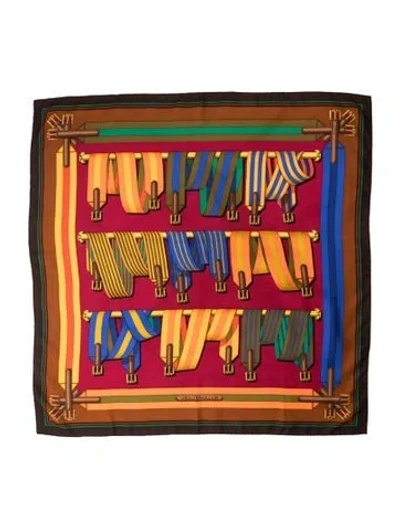 Pre-owned Hermes Les Sangles Silk Scarf In Brown