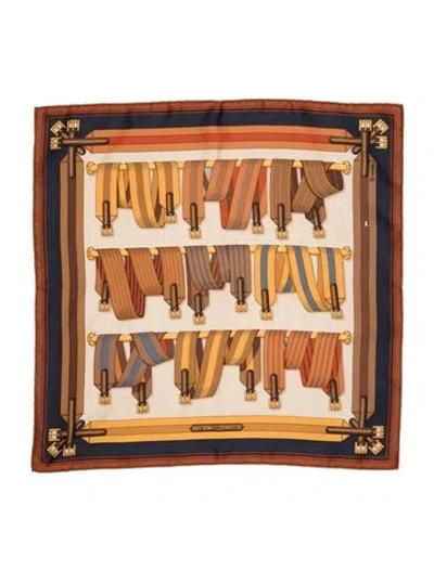 Pre-owned Hermes Les Sangles Silk Scarf In Brown