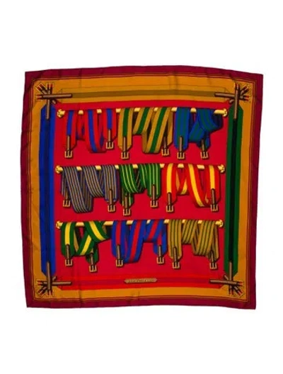 Pre-owned Hermes Les Sangles Silk Scarf In Red